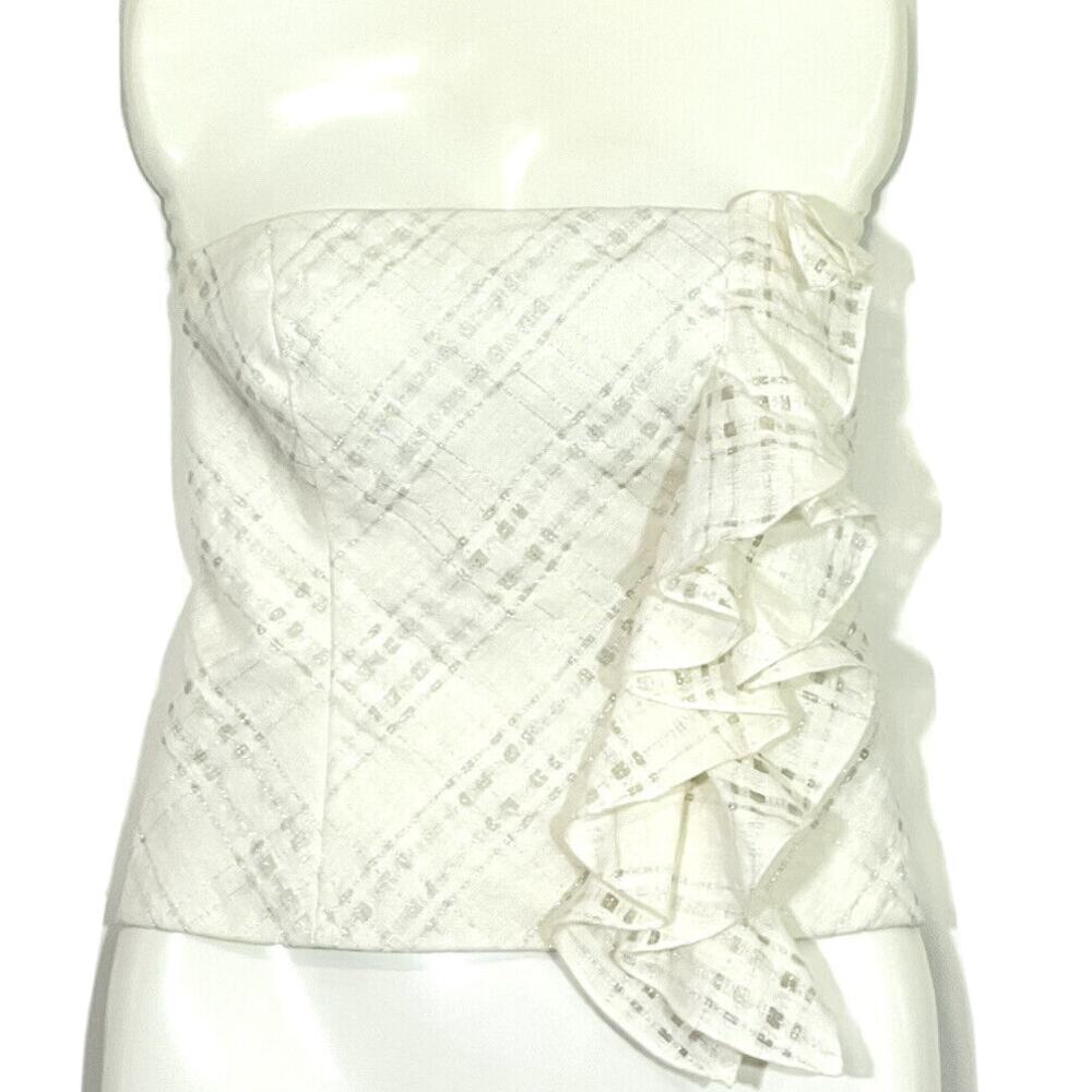 Vintage Worth Plaid Bustier Strapless Top Ruffles Side Zip Ivory White Size 8